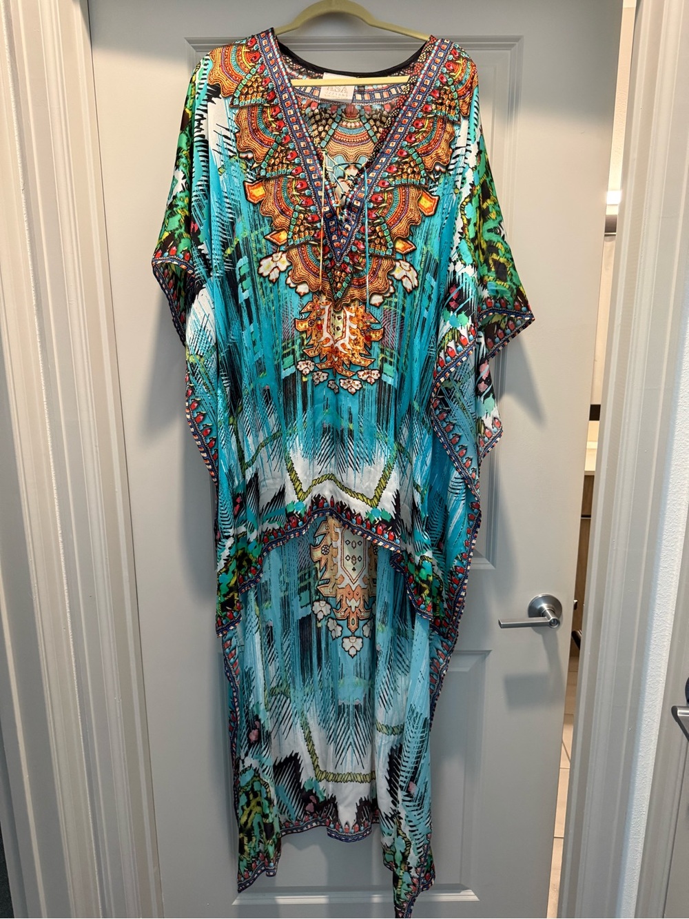 ASA Kaftans Turquoise Multicolor Printed Hi/Low Kaftan